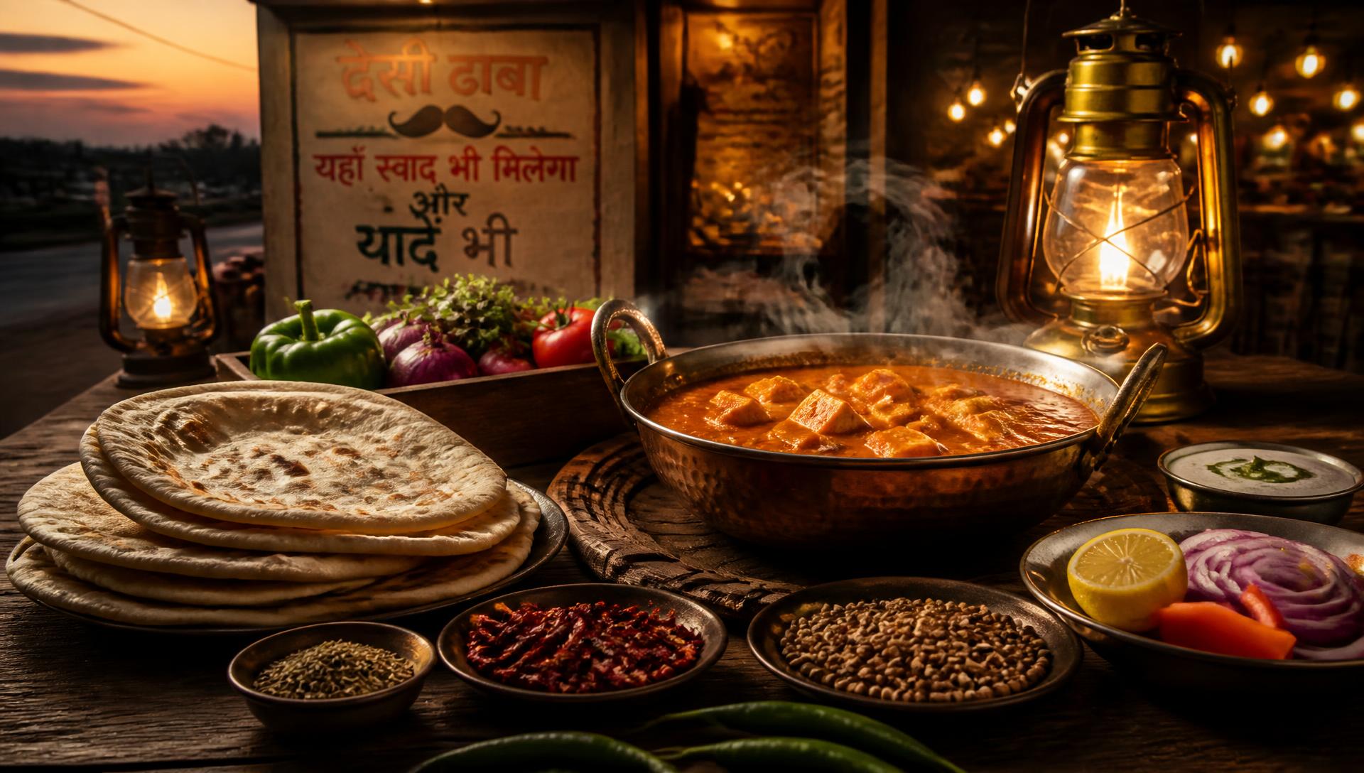 Warm evening at India Da Dhaba with charpai seating and tandoor